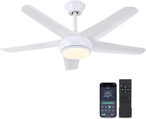 White Ceiling Fans with Lights - 44" Modern Ceiling Fans with 5 Blades and 3CCT Dimmable, Low Profile Ceiling Light Fixture, Indoor/Outdoor Ceiling Fan Light for Bedroom, Covered Patios