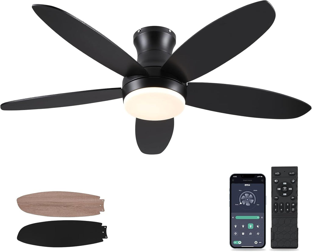 48 Inch Ceiling Fan with Light, Black Flush Mount Ceiling Fan with Remote and APP Control, Dimmable and 6 Wind Speed, Modern Low Profile Fan Light for Bedroom, Covered Outdoor