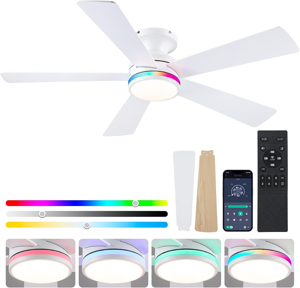 46" Flush Mount RGB Ceiling Fans with Lights - White Low Profile Ceiling Fan Light with Remote/APP, RGB+3CCT 6 Wind Speeds and Reversible, Modern Fan Light Fixture for Party, Kiad's Room