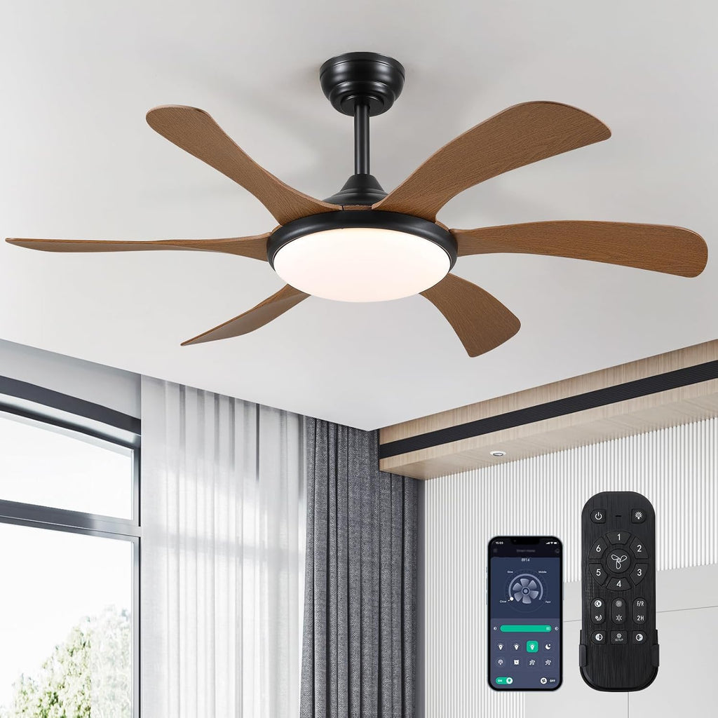Ceiling Fans with Lights - 46" Outdoor Low Porfile Ceiling Fan with Remote/App Control, 6 Speeds Reversible, Timer and Dimmable, Modern Flush Mount Fan Light Fixture, Brown