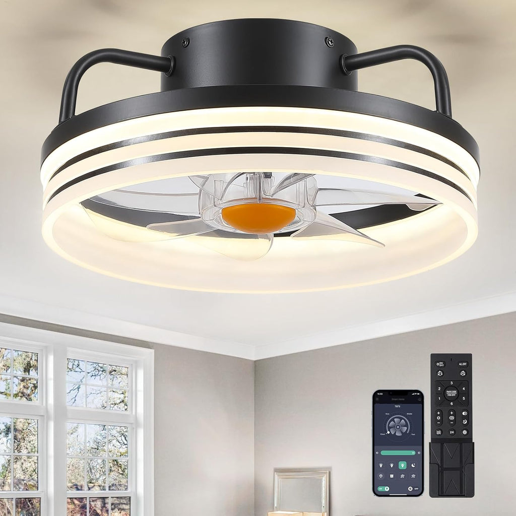 Ceiling Fans with Lights - 13" Bladeless Flush Mount Ceiling Fans with Remote and Led Light, 3CCT 6 Speeds 2 Timer, Black Low Profile Ceiling Fan Light for Modern Indoor Bedroom