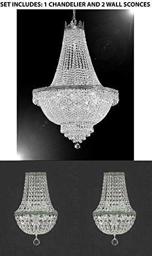 Set Of 3 - 1 Swarovski Crystal Trimmed Chandelier Empire Chandelier Lighting H 30" X W 24" And 2 Swarovski Crystal Trimmed Chandelier Empire Crystal Wall Sconce Lighting W 9.5" H 18" D 5" - 1Ea-Cs/870/9 + 2Ea-Cs/4/5/Wallsconce-Sw A500-