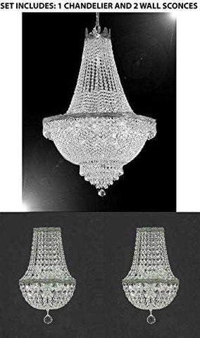 Set Of 3 - 1 French Empire Crystal Chandelier Lighting H30" X W24" And 2 Empire Crystal Wall Sconce Crystal Lighting W 9.5" H 18" D 5" - 1Ea-Silver/870/9 + 2Ea-Cs/4/5/Wallsconce A500-