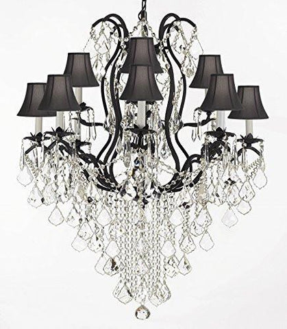 A500-Sc/B12/3034/8+4Sw Wrought Iron Crystal Chandelier Lighting H40" X W28" With Shades Trimmed With Spectra (Tm) Crystal - Reliable Crystal Quality By Swarovski - A500-Sc/Blackshade/B12/3034/8+4Sw