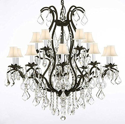 Wrought Iron Chandelier Crystal Chandeliers Lighting Empress Crystal (Tm) H36" X W36" With Shades - A500-Whiteshades/3034/10+5