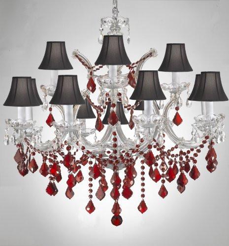 Chandelier Crystal Lighting H30" X W28" W/ Ruby Red Crystal & Black Shades - A500-B2/Sc/Silver/21532/12+1