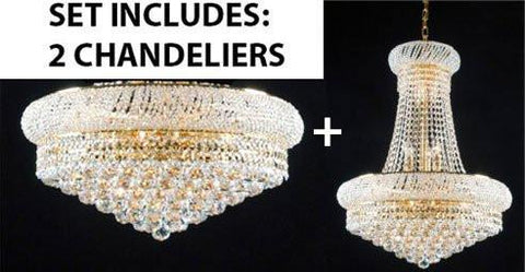 Set Of 2 - New French Empire Crystal Chandelier 24X32 + Flush Empire Crystal Chandelier Lighting 15X24 - Foyer Hallway Bedroom Kitchen- Works For All Locations - 1Ea-A500-542/15+1Ea-A500-Flush/542/15