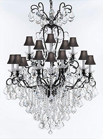 Wrought Iron Crystal Chandelier Lighting W38" H60" - Good for Entryway, Foyer, Living Room, Ballrooms, Catering Halls, Event Halls! w/ Black Shades - A500-BLACKSHADES/B12/556/16