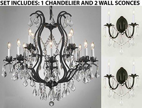 Three Piece Lighting Set - Wrought Iron Crystal Lighting Chandeliers H30" X W28" And 2 Wall Sconces - A500-1Ea 3034/8+4 + 2Ea 2/3034/Wallsconce