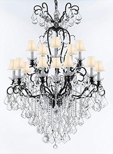 Swarovski Crystal Trimmed Wrought Iron Crystal Chandelier Lighting W38" H60" - Good for Entryway, Foyer, Living Room, Ballrooms, Catering Halls, Event Halls! w/ White Shades - A500-WHITESHADES/B12/556/16SW