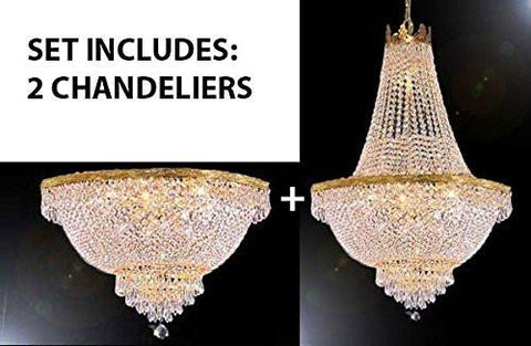 Set Of 2 - French Empire Crystal Chandelier Lighting H30" X W24" + French Empire Crystal Semi Flush Chandeliers Lighting H18" X W24" - Foyer Hallway Bedroom Kitchen- Works For All Locations - 1EaA500-870/9+1EaA500-Flush/870/9