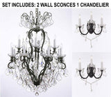 Set of 3-2 Wrought Iron Wall Sconce Crystal Lighting W 11.5" H 14" D 17" and 1 Wrought Iron Crystal Chandelier Lighting H30 x W28 - 2EA A500-3/556 + 1EA A500-556/12