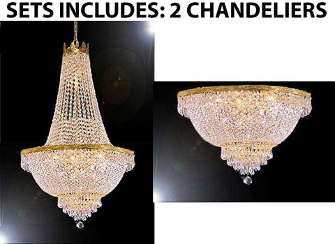 Set of 2 - 1 French Empire Crystal Chandelier Lighting -Great for the Dining Room, Foyer, Entry Way, Living Room! H50" X W24" and 1 French Empire Crystal Semi Flush Chandelier Lighting H18" X W24" - 1EA C7/CG/870/9 + 1EA FLUSH/870/9 A500-